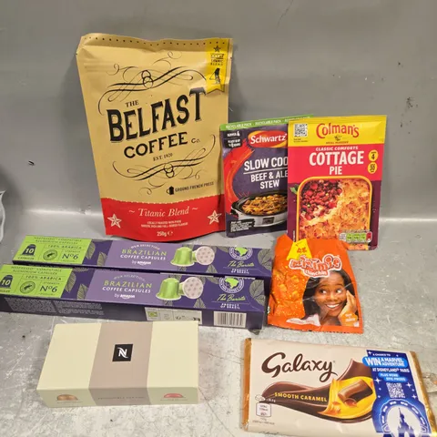 APPROXIMATELY 10 ASSORTED FOOD/DRINK PRODUCTS TO INCLUDE BELFAST COFFEE, COLMAN'S SEASONING MIX, GALAXY BAR ETC