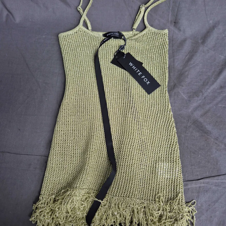 WHITE FOX BOUTIQUE KEEPING ME AWAKE KNIT MINI DRESS – GOLD/OLIVE, UK 4 (XXS)