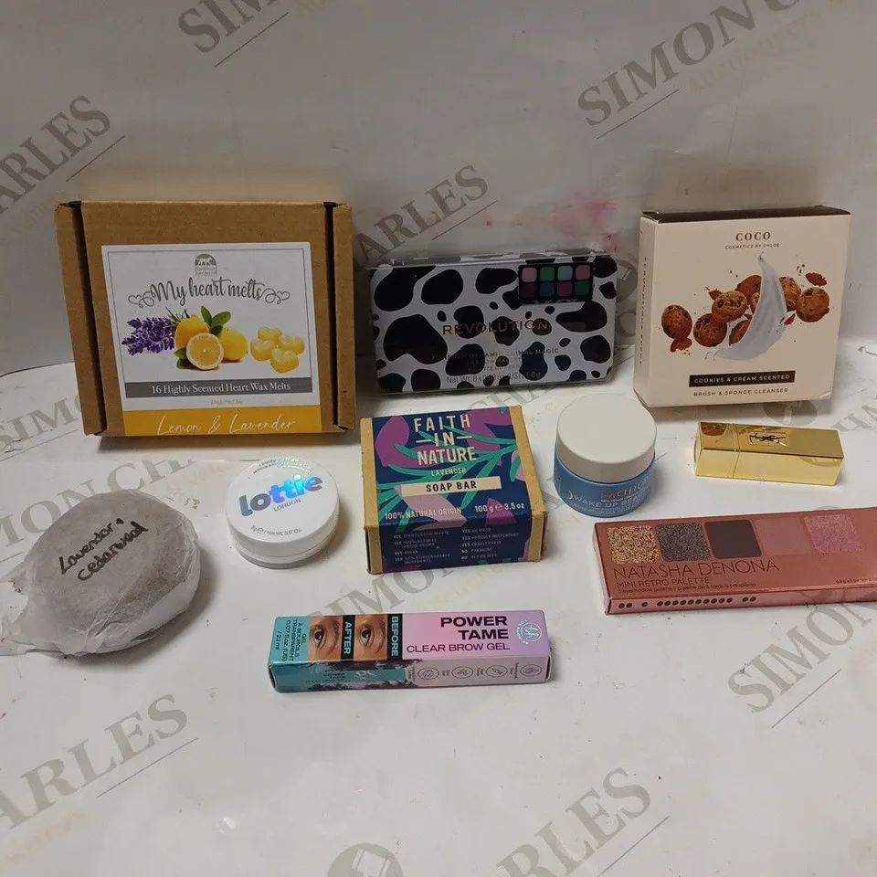 BOXED ASSORTMENT OF BEAUTY PRODUCTS INCLUDING NATASHA DENONA AND REVOLUTION EYESHADOW PALETTES, PLUS PACIFICA EYE CREAM
