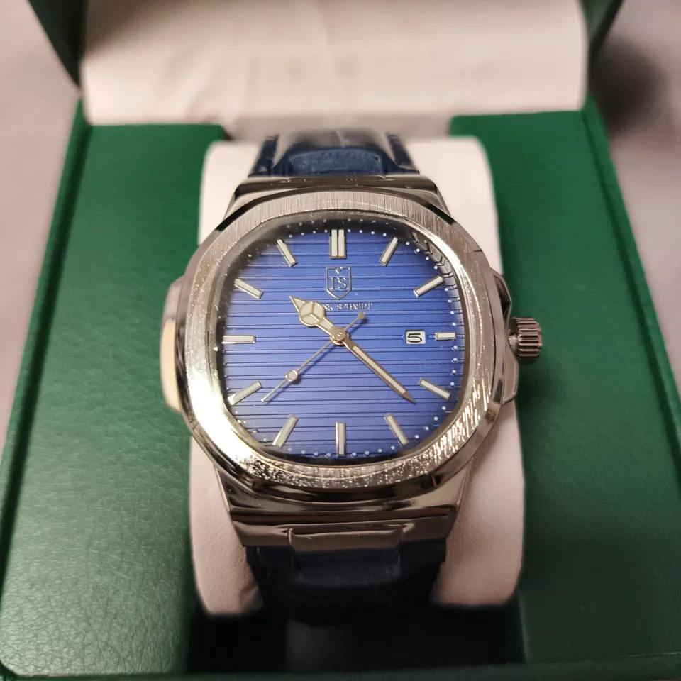 MENS FRANK SCHMIDT WATCH – TEXTURED DIAL WITH DATE – LEATHER STRAP- MODEL: FSL AMBASSADOR – 3ATM WATER RESISTANT IN BLUE