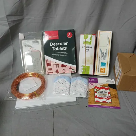 APPROXIMATELY 15 ASSORTED HOUSEHOLD ITEMS TO INCLUDE DESCALER TABLETS, ADHESIVE TAPE, HEAVY DUTY HOLE PUNCH, ETC
