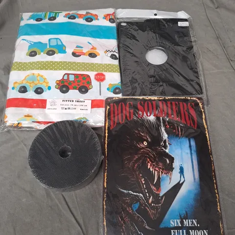 APPROXIMATELY 20 ASSORTED HOUSEHOLD PRODUCTS TO INCLUDE FITTED COT SHEET, TABLET COVER AND A DOG SOLDIERS PLAQUE