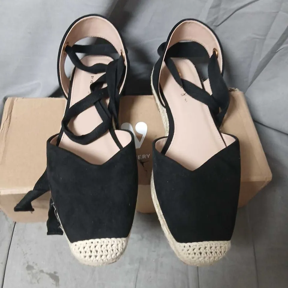 BY VERY WOMEN'S BLACK ESPADRILLE WEDGE SANDALS – ANKLE-TIE, UK SIZE 6