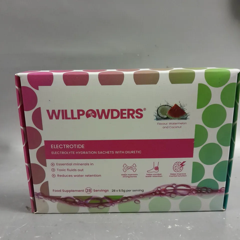BOXED WILLPOWDERS ELECTROTIDE HYDRATION SACHETS - WATERMELON & COCONUT - 28 X 6.5G
