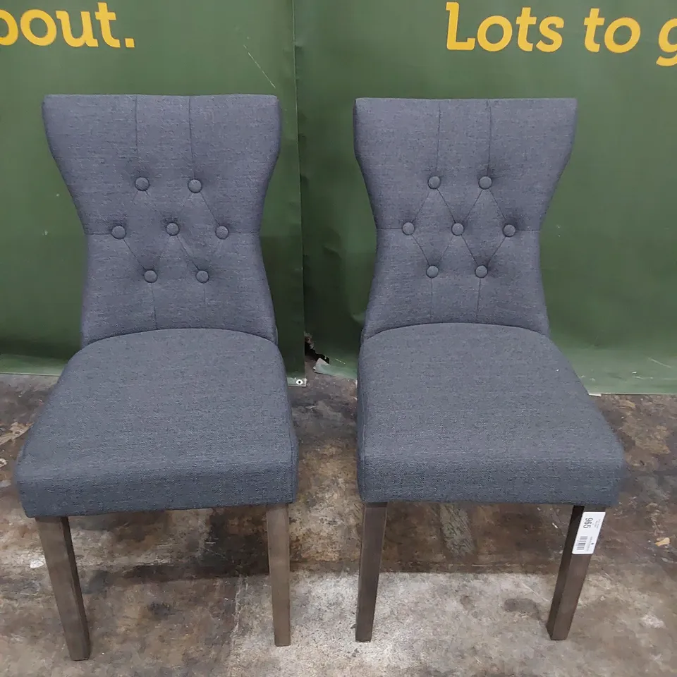 PAIR UPHOLSTERED BUTTONED BACK DINING CHAIRS SILVERED LEGS 