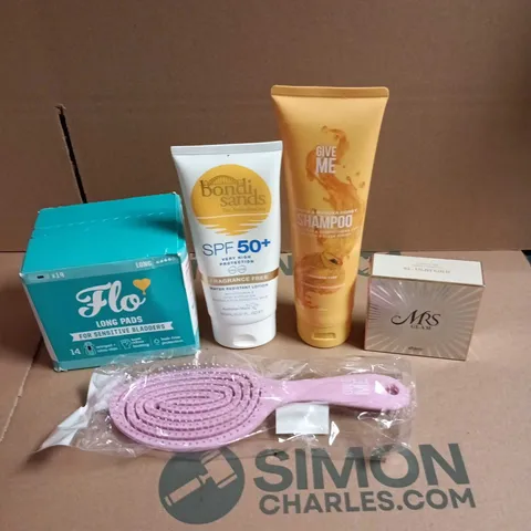 APPROXIMATEY 20 ASSORTED HEALTH AND BEAUTY PRODUCTS TO INCLUDE - GIVE ME SHAMPOO - FLO LONG PADS FOR SENSITIVE BLADDER AND BONDI SANDS SPF 50 SUN LOTION