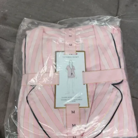 VICTORIA'S SECRET PINK FLANNEL SHORT PAJAMA SET – STRIPED PINK, SIZE M