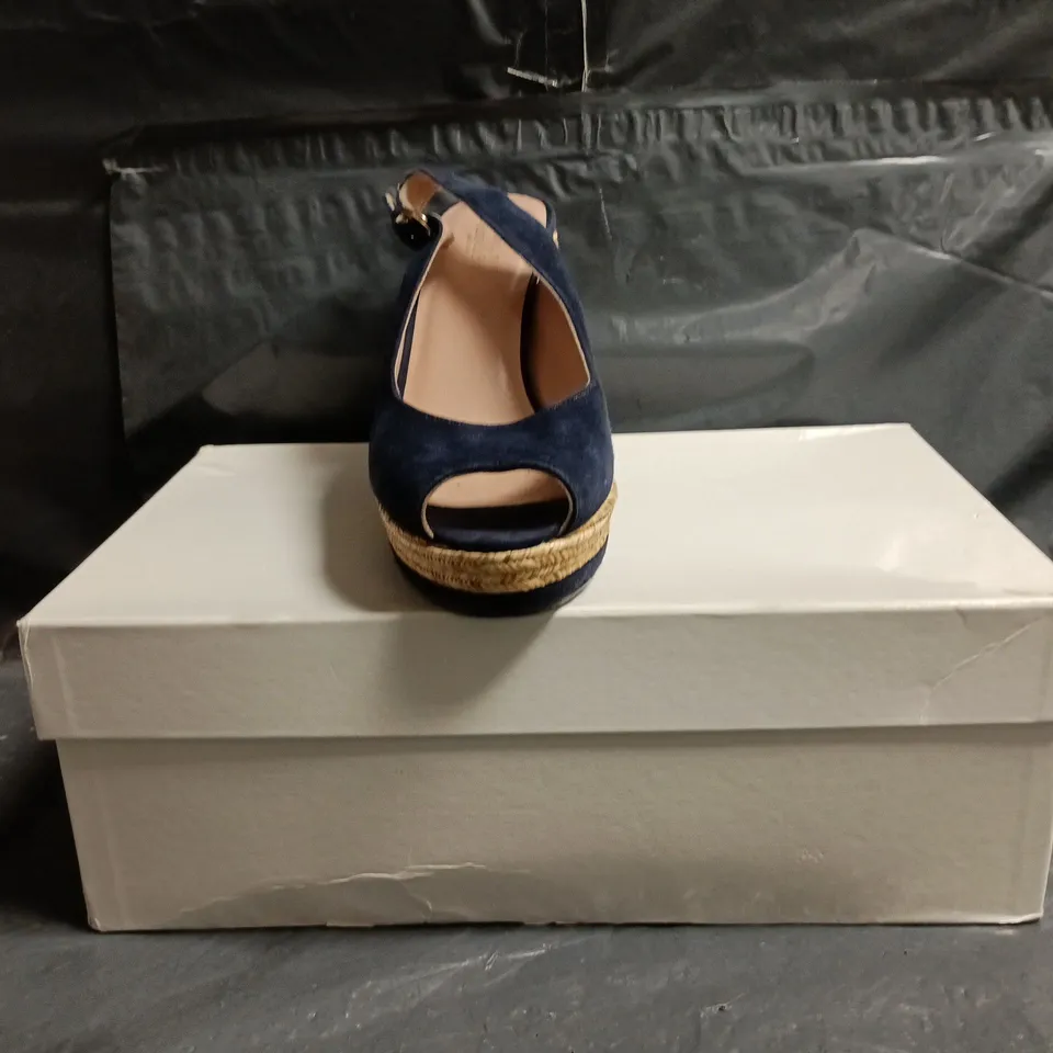BOXED PAIR OF RUSSELL & BROMLEY PEEP TOE HIGH WEDGE SANDALS IN NAVY SIZE UNSPECIFIED