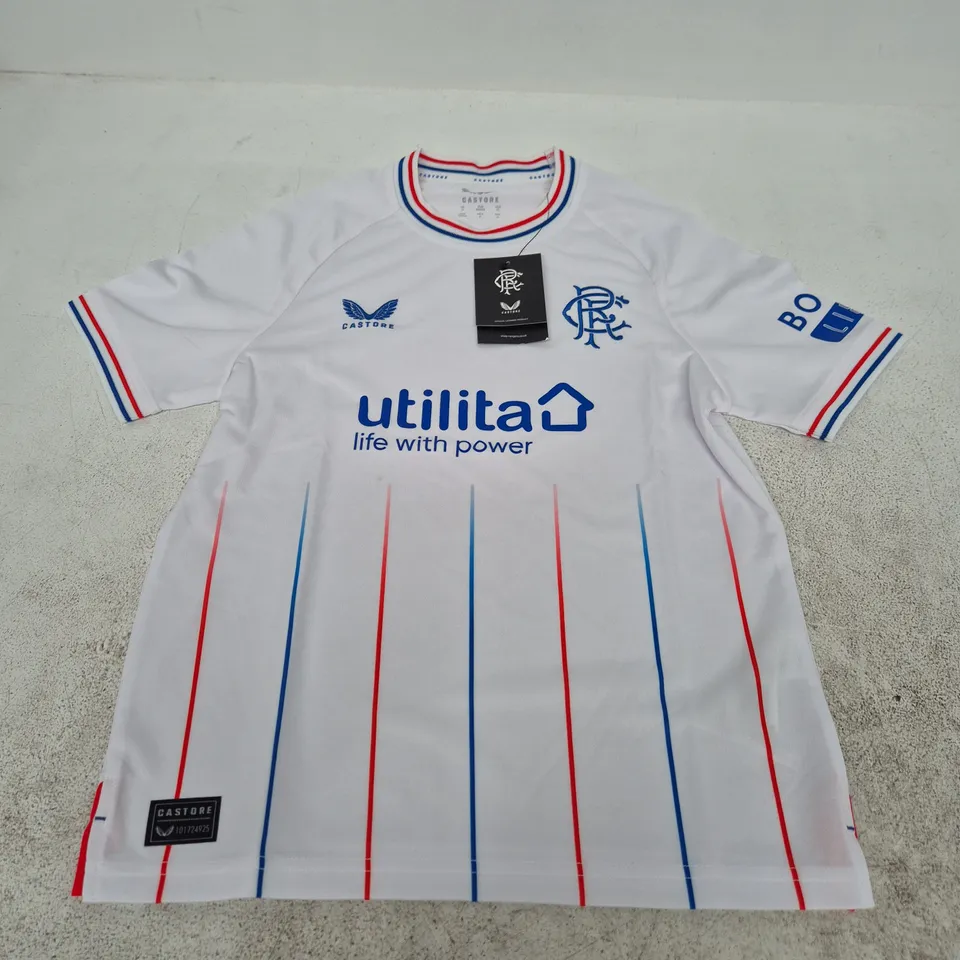 RANGERS AWAY SS SHIRT BY CASTORE – WHITE, JUNIOR LARGE (158 CM) UK JL