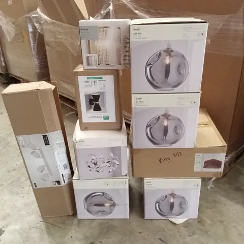 PALLET TO CONTAIN APPROXIMATELY 33 DESIGNER INDOOR LIGHTING PRODUCTS TO INCLUDE; CEILING LIGHTS, WALL LIGHTS, CEILING PENDANTS ETC