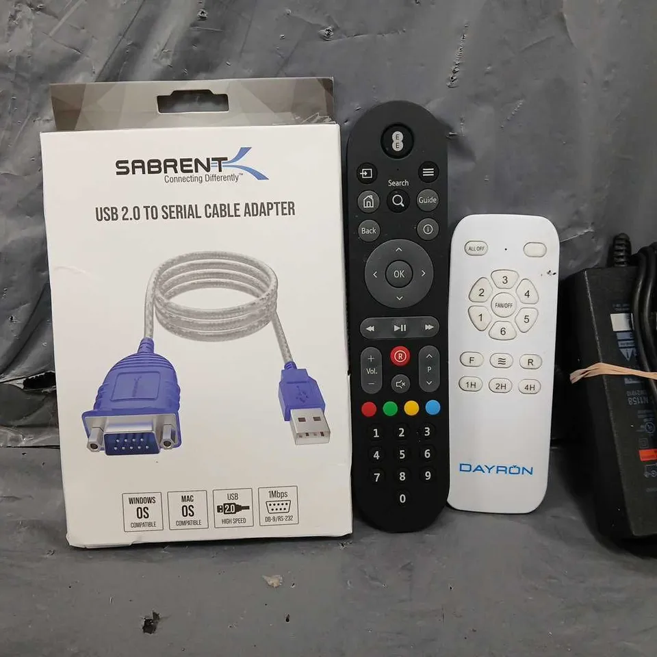 BOX OF APPROXIMATELY 12 ASSORTED ITEMS TO INCLUDE - EE REMOTE , USB 2.0 SERIAL CABLE ADAPTER , DAYRON REMOTE ETC