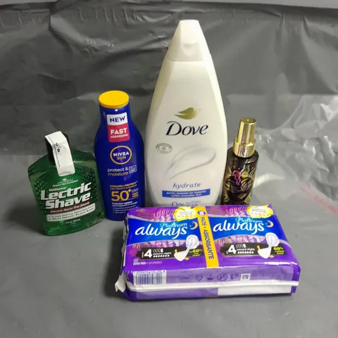 APPROXIMATELY 20 ASSORTED HEALTH & BEAUTY ITEMS TO INCLUDE - DOVE BODY WASH, ALWAYS PADS AND NIVEA SUN LOTION