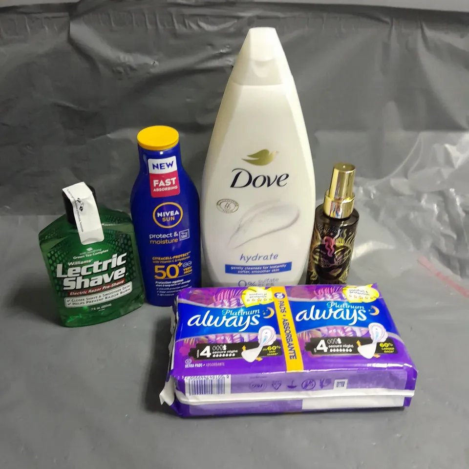 APPROXIMATELY 20 ASSORTED HEALTH & BEAUTY ITEMS TO INCLUDE - DOVE BODY WASH, ALWAYS PADS AND NIVEA SUN LOTION
