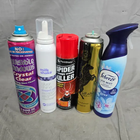APPROXIMATELY 10 ASSORTED AEROSOLS TO INCLUDE SPIDER KILLER, FEBREEZE AN WINDOW CLEANER  