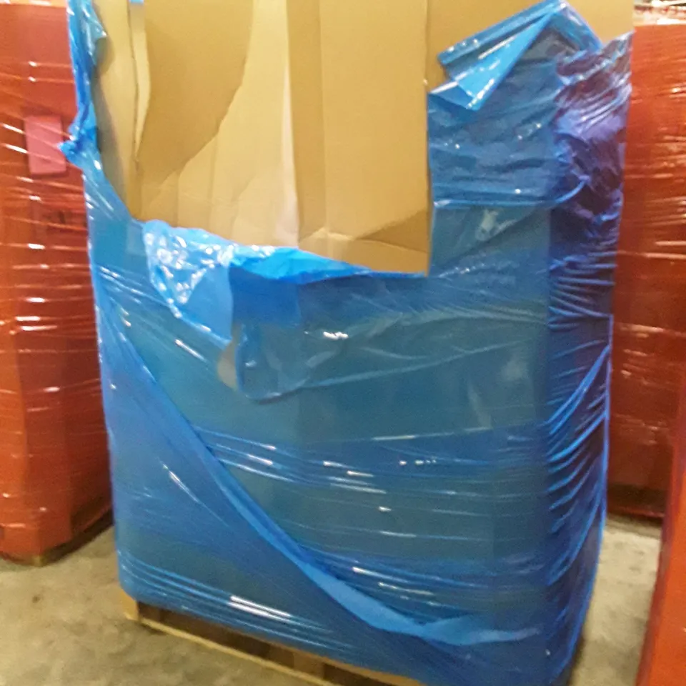PALLET OF ASSORTED HOUSEHOLD GOODS AND PRODUCT TO INCLUDE; MICROWAVE OVEN TURNTABLE GLASS, WRIST POWERBALL, PREMIUM END GRAIN TEAK WOOD BOARD, VACUUM BOTTLE ETC