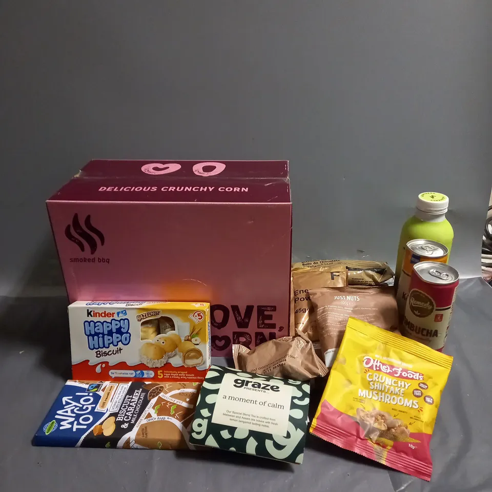 APPROXIMATELY 10 ASSORTED FOOD/DRINK PRODUCTS TO INCLUDE - LOVE CORN SMOKED BBQ - KINDER HAPPY HIPPO - GRAZE TEA BAGS - ETC