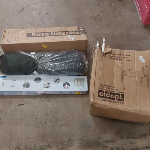 PALLET OF ASSORTED ITEMS INCLUDING: ELECTRIC CLOTHES DRYER, TOILET SEAT FRAME, MULTIFUNCTIONAL CRUTCH, CAMPING TENT ECT