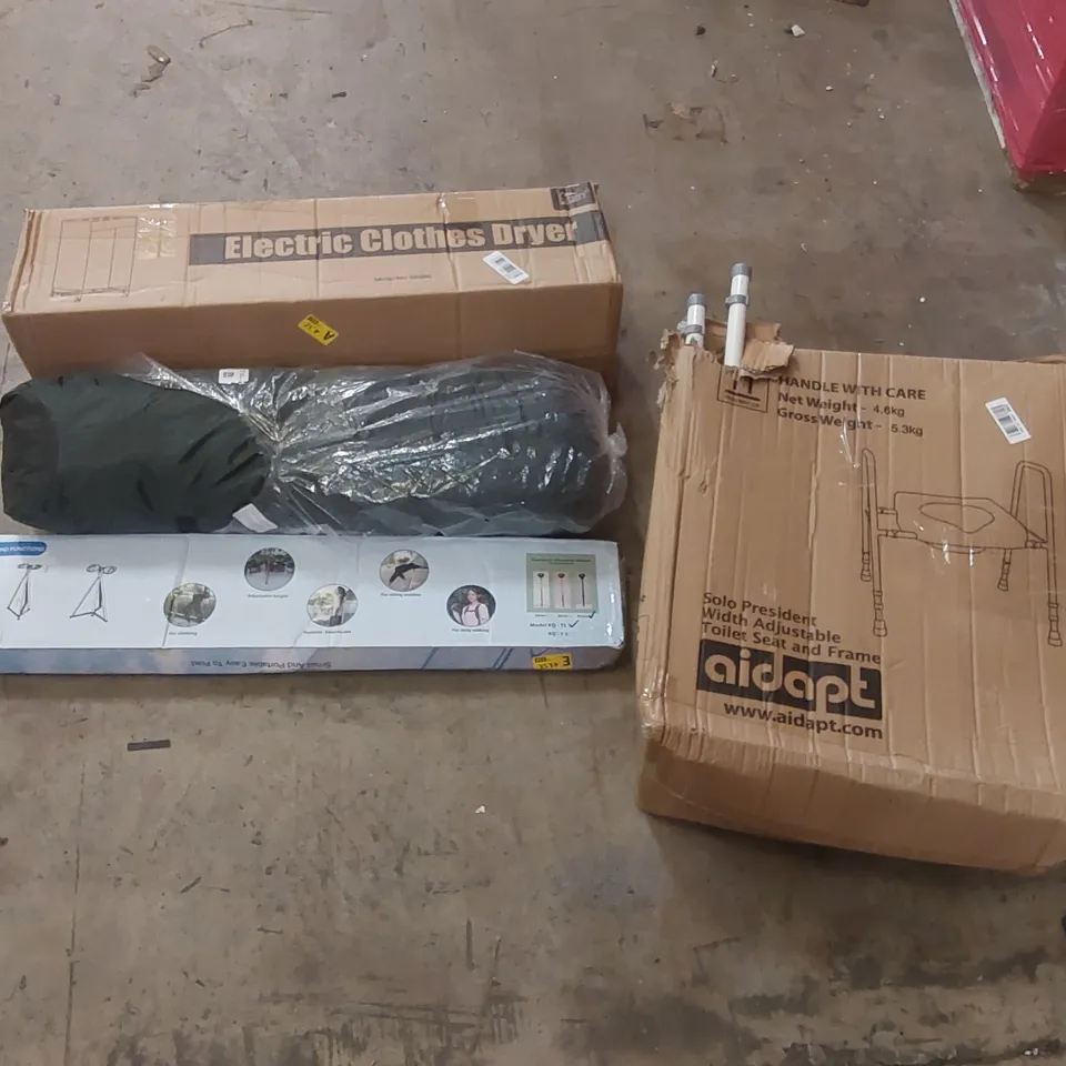 PALLET OF ASSORTED ITEMS INCLUDING: ELECTRIC CLOTHES DRYER, TOILET SEAT FRAME, MULTIFUNCTIONAL CRUTCH, CAMPING TENT ECT