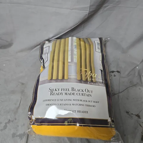 TOPAZ HOME EYELET CURTAINS IN GOLD – SILKY FEEL BLACKOUT, READY MADE, ONE PAIR, 90 X 108 IN (228 X 274 CM)