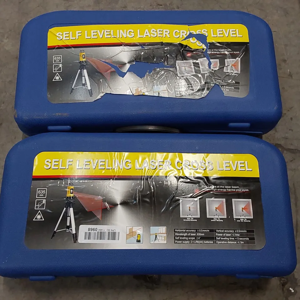 BOXED PAIR OF SELF LEVELING LASER CROSS LEVELING MEASURING DEVICES WITH TRIPOD STANDS AND CASES (1 BOX)