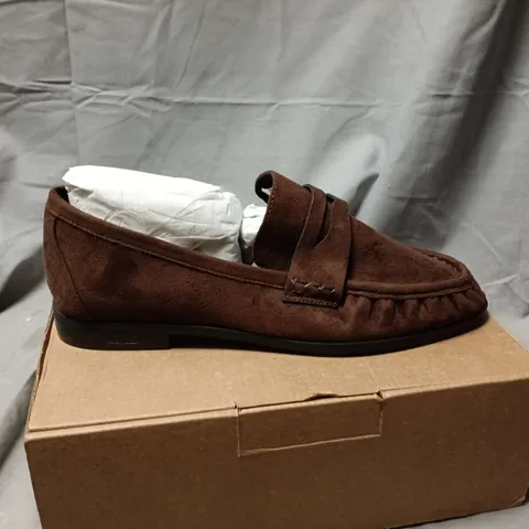 ASOS DESIGN WIDE FIT MINNIE RUCHED DETAIL BROWN SUEDETTE PENNY LOAFERS – UK SIZE 7
