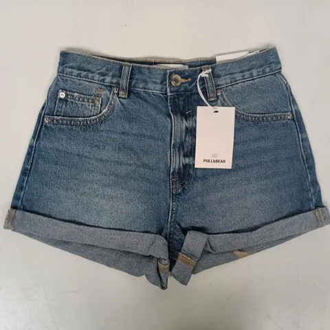 PULL & BEAR DENIM HIGH RISE SHORTS IN BLUE SIZE UK 8