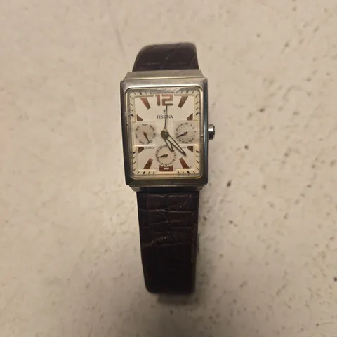 FESTINA QUARTZ WRISTWATCH – RECTANGULAR STEEL CASE, BROWN LEATHER STRAP