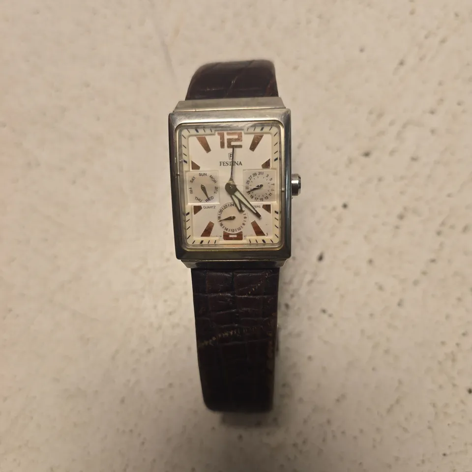 FESTINA QUARTZ WRISTWATCH – RECTANGULAR STEEL CASE, BROWN LEATHER STRAP