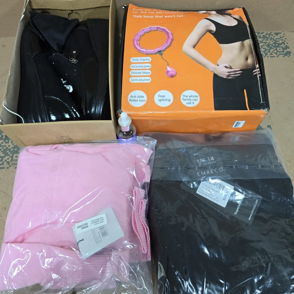 APPROXIMATELY 25 ASSORTED ITEMS TO INCLUDE HOOLA HOOP EXERCISER, JO & JOE SHOES, EMRECO TROUSERS, ETC