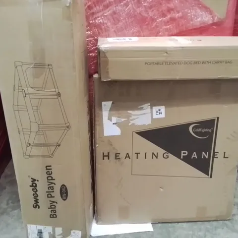 PALLET OF ASSORTED HOUSEHOLD GOODS AND PRODUCTS TO INCLUDE;BABY PLAYPEN,HEATING PANEL,PORTABLE ELEVATED DOG BED WITH CARRY BAG