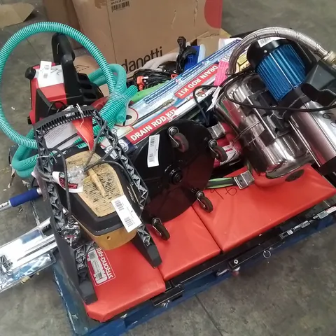 PALLET CONTAINING VARIOUS ASSORTED TOOLS TO INCLUDE, CREEPER SEAT, JET WASHER, DRAIN ROD KIT, EXTENSION BRUSHES ETC.