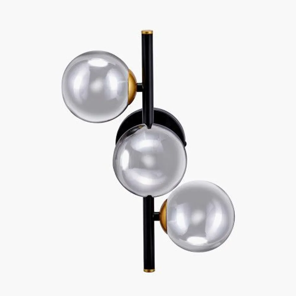 BOXED BLAIR SMOKE GLASS BALL AND BLACK METAL WALL LIGHT