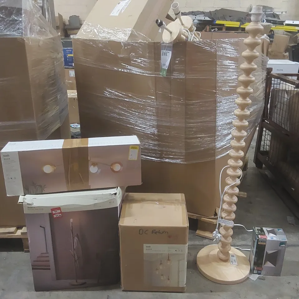 PALLET CONTAINING A VERY LARGE QUANTITY OF ASSORTED DESIGNER LIGHTING PRODUCTS TO INCLUDE: ALEXIS CLUSTER LIGHT, RHETT FLOOR LAMP BASE, ELIZA CEILING LIGHT, BOBBY FLOOR LAMP ECT