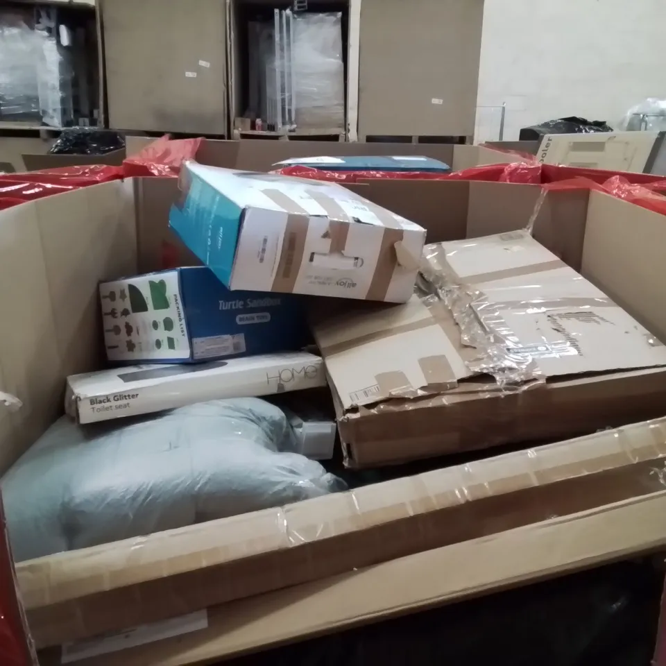 PALLET OF ASSORTED HOUSEHOLD GOODS AND PRODUCTS TO INCLUDE;  BLACK GLITTER TOILET SEAT, TURTLE SANDBOX, ROLLER BLIND, ELECTRIC HEATED BLANKET