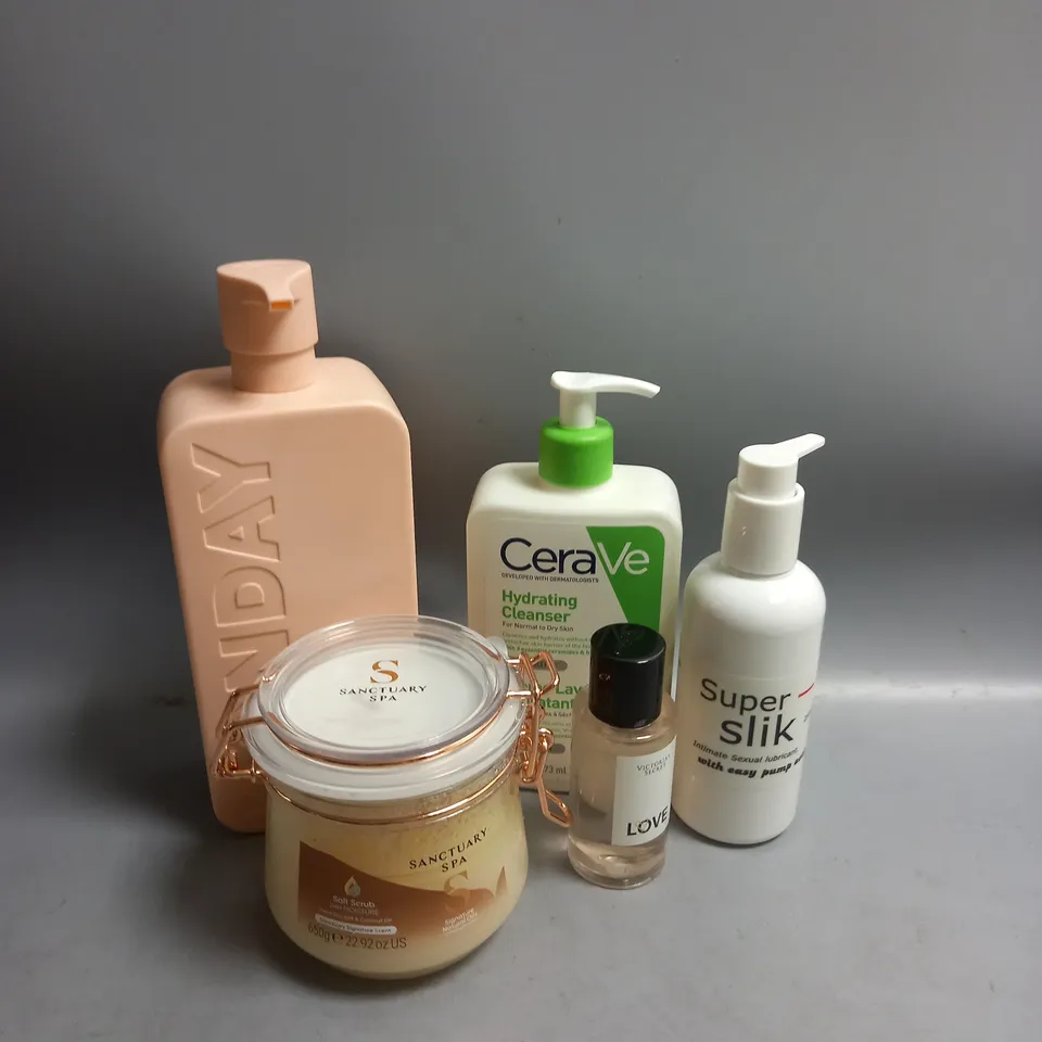 BOX OF APPROXIMATELY 20 COSMETIC ITEMS TO INCLUDE - MONDAY CONDITIONER - CERAVE HYDRATING CLEANSER - PERSONAL LUBRICANT - ETC 