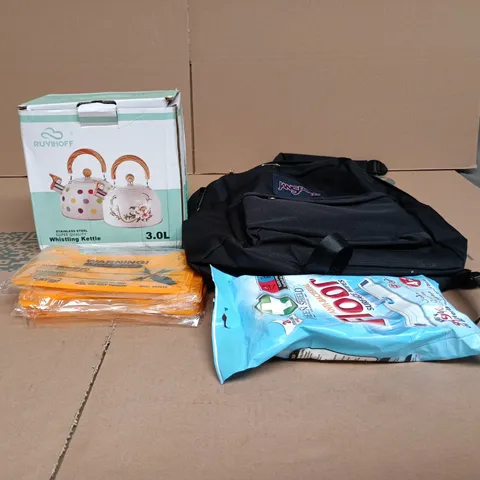 BOX OF APPROXIMATELY 20 ASSORTED ITEMS TO INCLUDE JANSPORT RUCK SACK, WHISTLING KETTLE, SURFACE WIPES, ELECTRIC FENCE WARNING SIGNS ETC