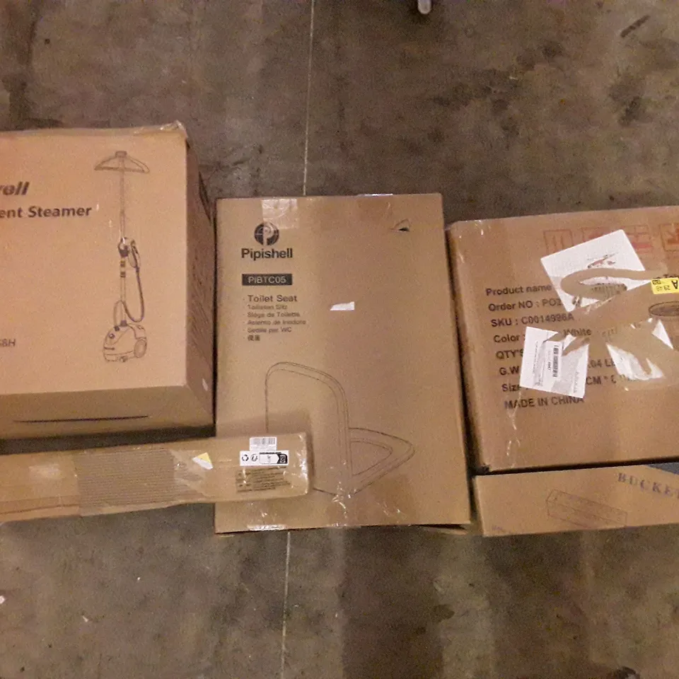 PALLET OF ASSORTED PRODUCTS INCLUDING GARMENT STEAMER, TOILET SEAT, INDUSTRIAL ROUND SIDE TABLE, BUCKET HRATER, BATH GRAB RAIL  