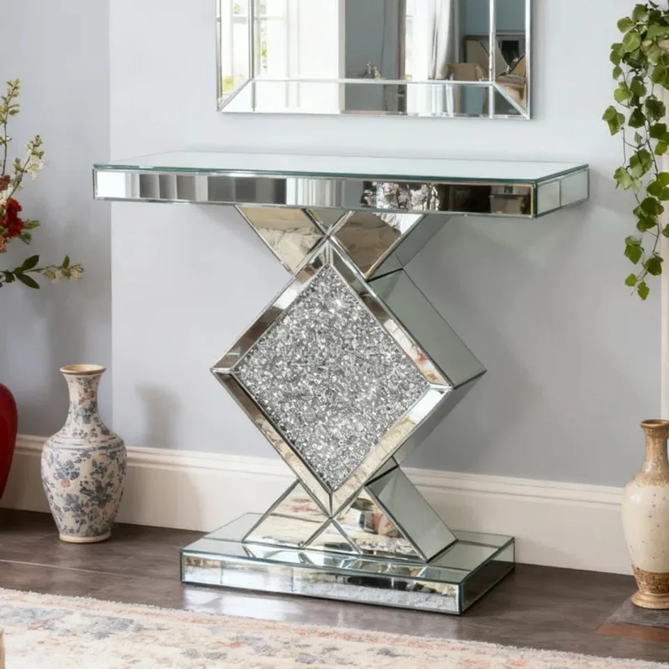 BOXED ANDREJA MIRRORED GLASS CONSOLE TABLE WITH CRUSHED DIAMOND EFFECT INLAY