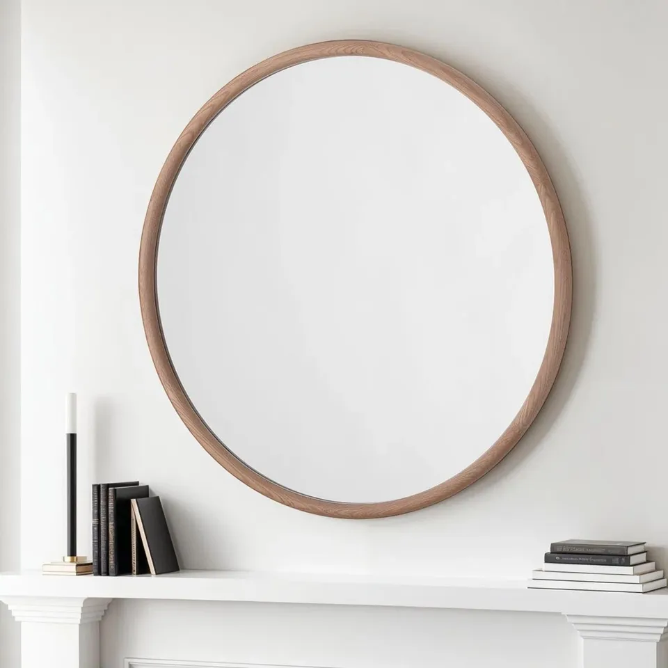 BOXED LARGE SOLID OAK ROUND WOOD NASHELLE WALL MIRROR 
