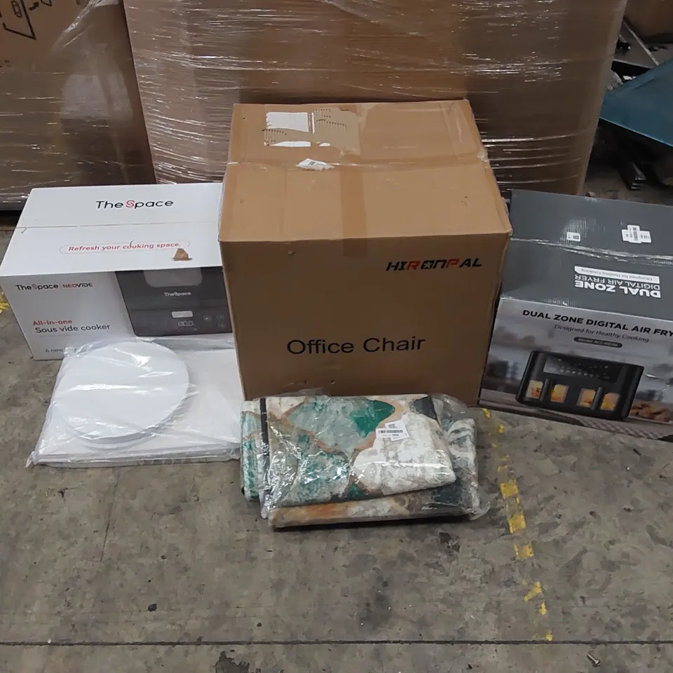 PALLET OF ASSORTED ITEMS INCLUDING: AIR FRYER, SOUS VIDE COOKER, OFFICE CHAIRS, LARGE RUG, CAKE BOXES