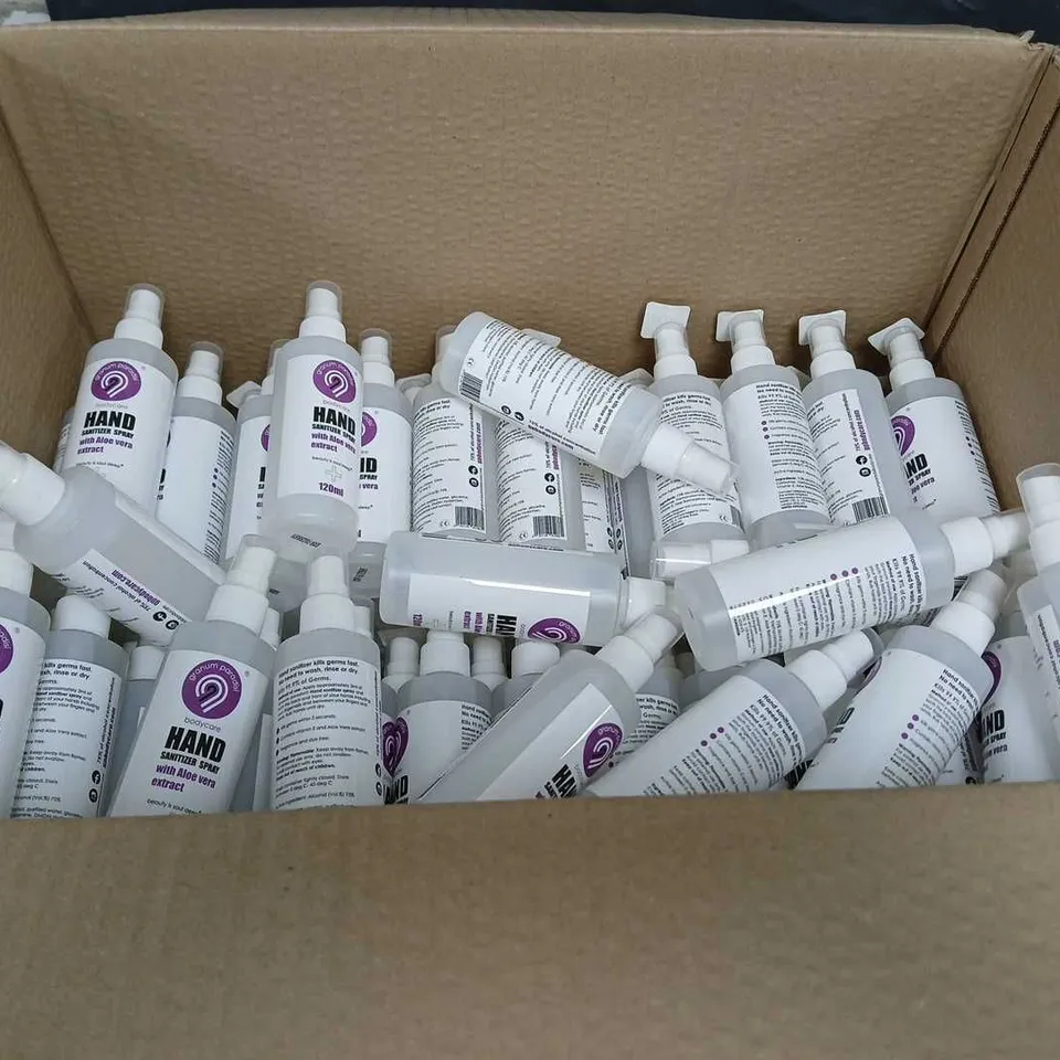 BOX OF APPROXIMATELY 70 BOTTLES OF HAND SANITIZER SPRAY - 120ML PER BOTTLE
