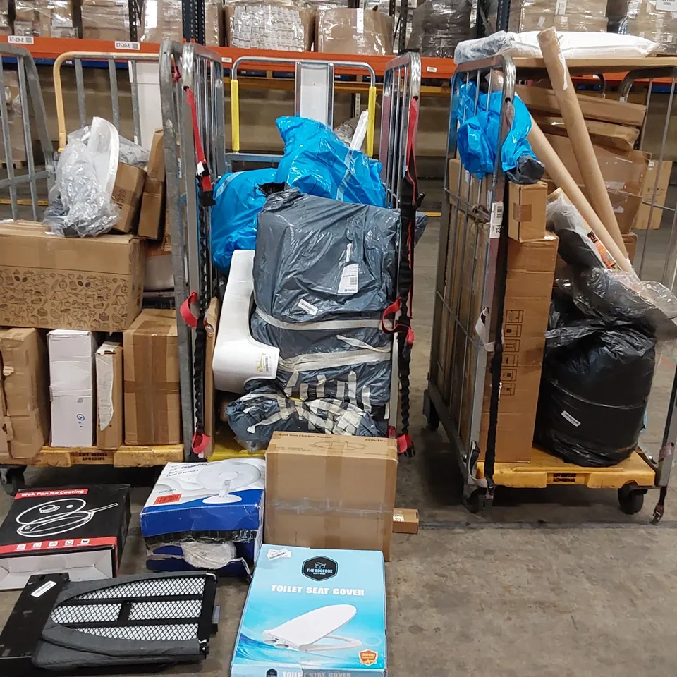3 CAGES OF ASSORTED CONSUMER PRODUCTS TO INCLUDE; TABLE FAN, FOLDING IRON, CAST IRON CHICKEN ROASTER, CARBON STEEL WOK PAN, TOILET SEAT ECT (CAGES NOT INCLUDED)