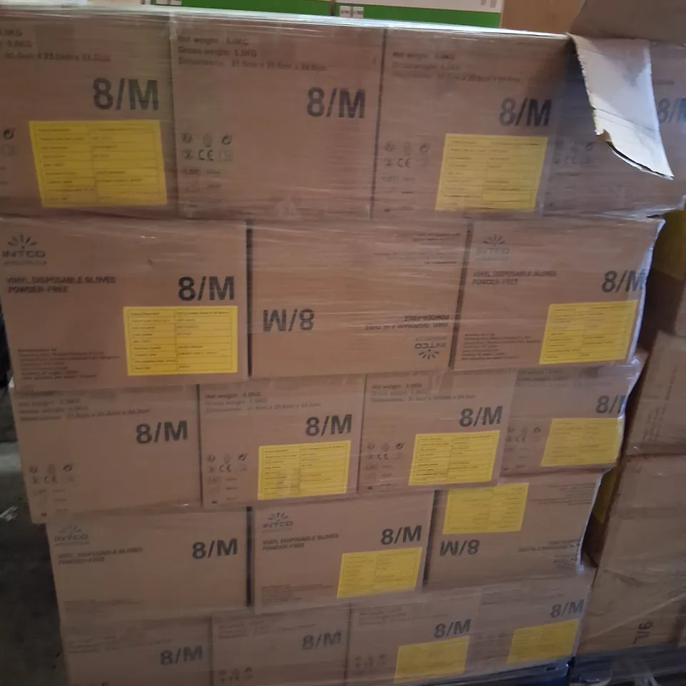 PALLET OF APPROXIMATELY 70 CARTONS OF TEN BOXES OF BRAND NEW INTCO VINYL DISPOSABLE GLOVES POWDER FREE 8/M 100 PAIRS PER BOX