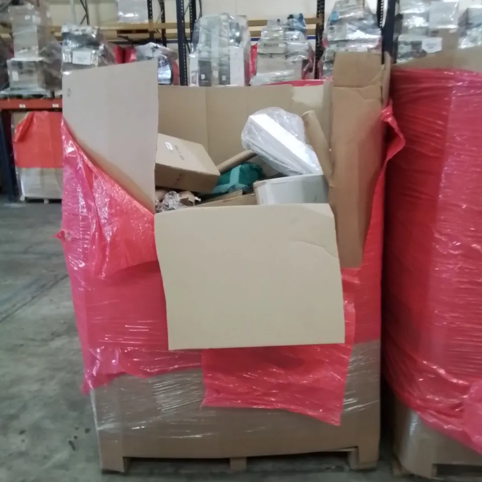 PALLET OF ASSORTED HOUSEHOLD GOODS AND PRODUCTS TO INCLUDE; BREAD BOXES, MINI EXERCISE STEPPER, AIR FRYER, BOXED FURNITURE ETC 