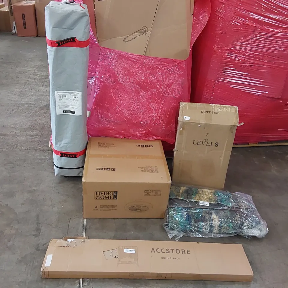 PALLET OF ASSORTED CONSUMER GOODS AND FURNITURE PRODUCTS TO INCLUDE; CANOPY TENT, CEILING FAN, CARRY-ON SUITCASE, RUGS, CLOTHES DRYING RACK ECT.