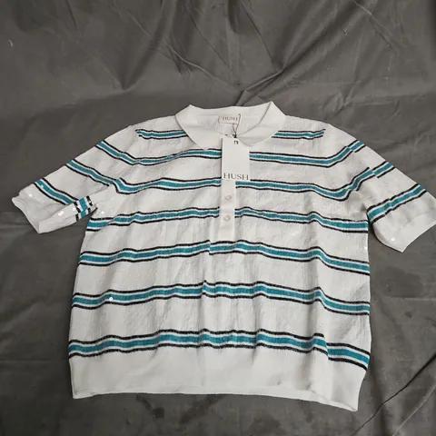HUSH SEQUIN STRIPE KNITTED POLO TOP IN ECRY/TEAL SIZE L