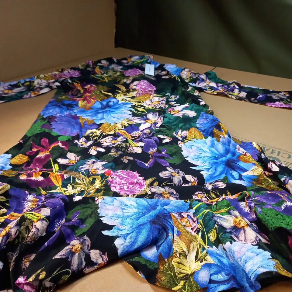 KAREN MILLEN BLACK FLORAL TIE NECK WOVEN MINI DRESS - SIZE 12