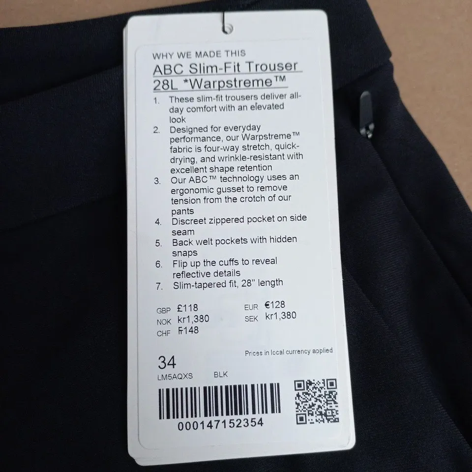 LULULEMON ABC SLIM-FIT TROUSER WARPSTREME – BLACK, UK 34, 28IN INSEAM