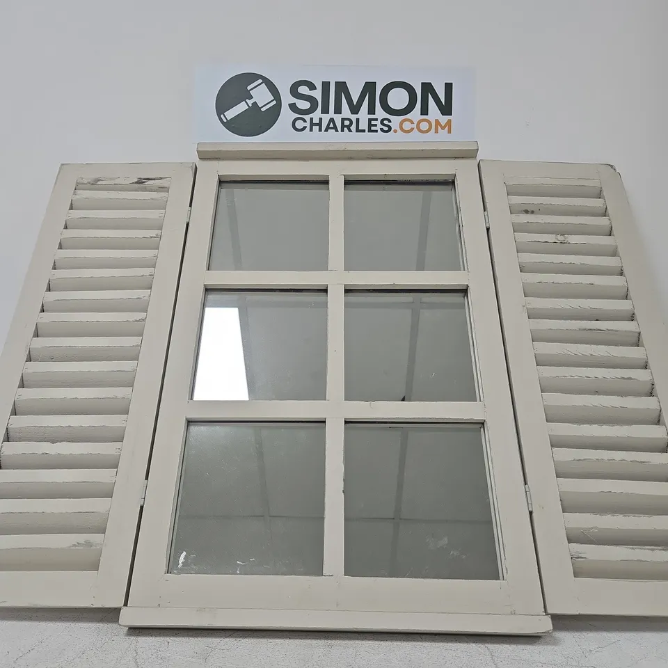 PAIR OF WHITE WOODEN LOUVERED WINDOW SHUTTERS