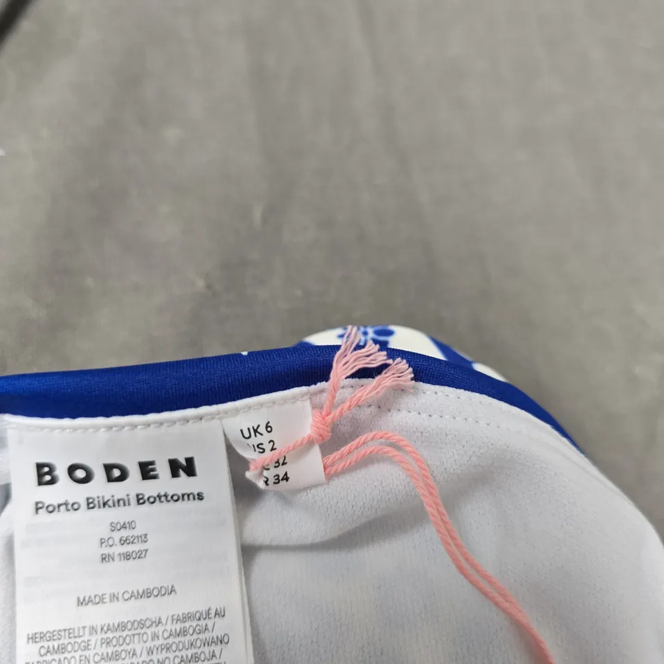  BODEN PORTO BIKINI BOTTOMS – WOMEN'S BLUE/WHITE FLORAL SWIM BOTTOMS-SIZE UK 6